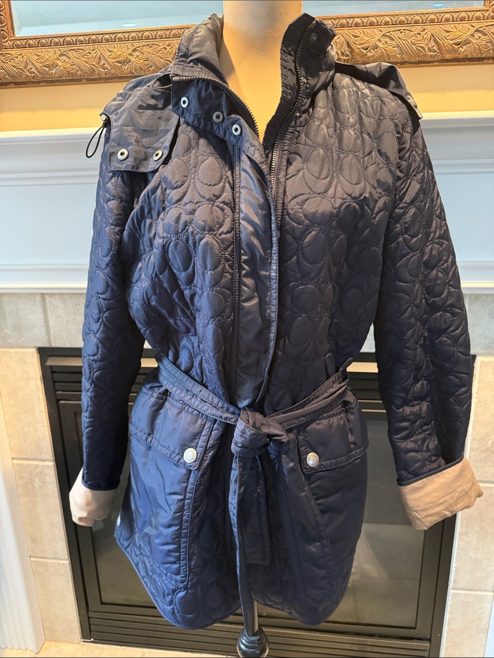 COACH Quilted Navy Women's Lightweight Coat (Cs) Design XL
